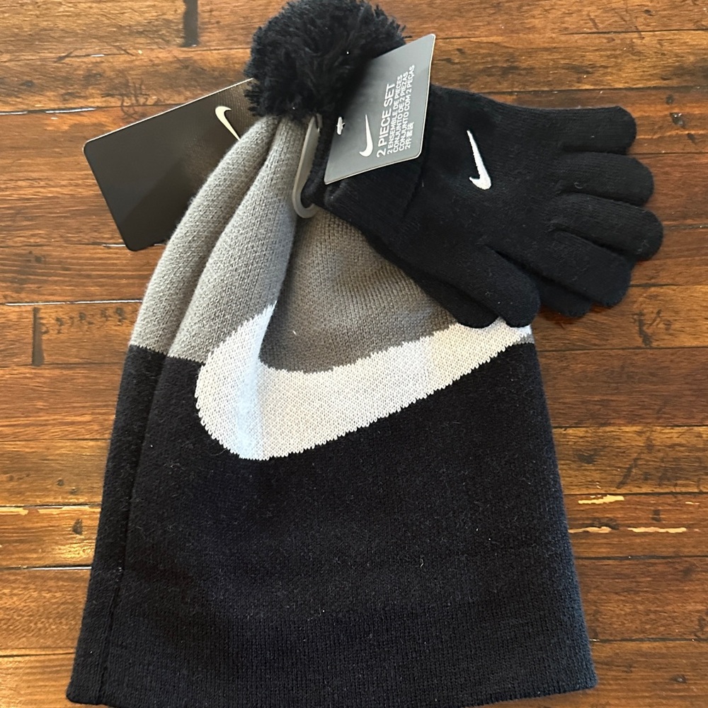 Nike Black and Gray Kids Knit Hat and Gloves